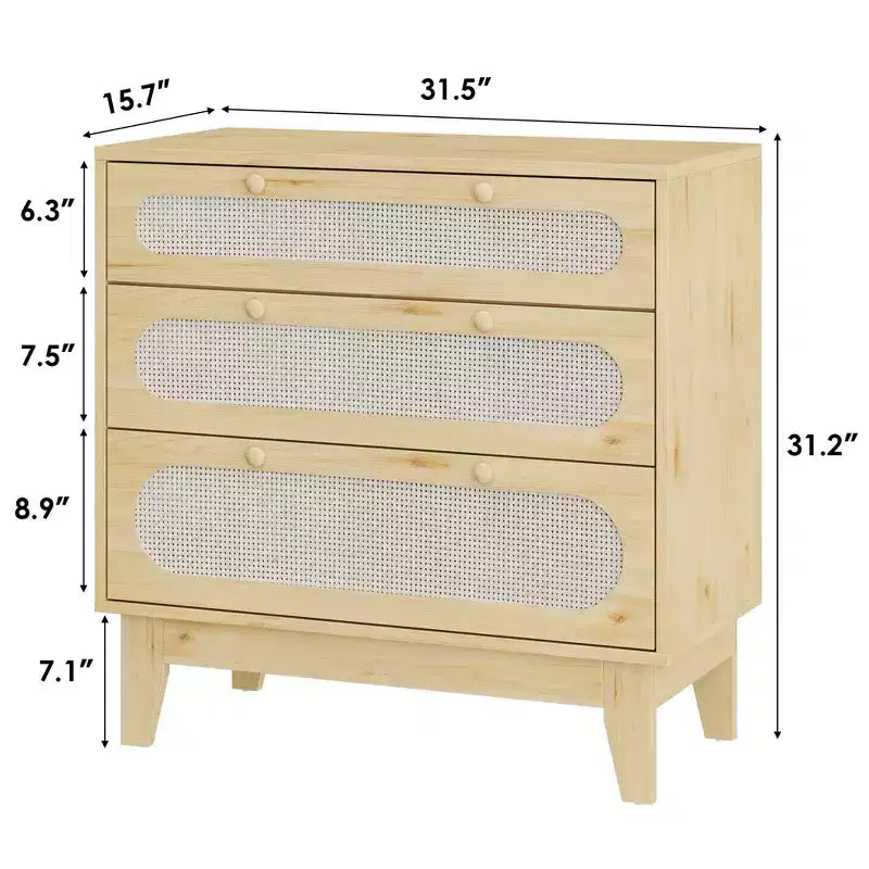 Natural Rattan Dresser, 3 Drawer Dresser Rattan Nightstand Small Boho Cabinet,Handles and Wooden Legs,Bed Side Table