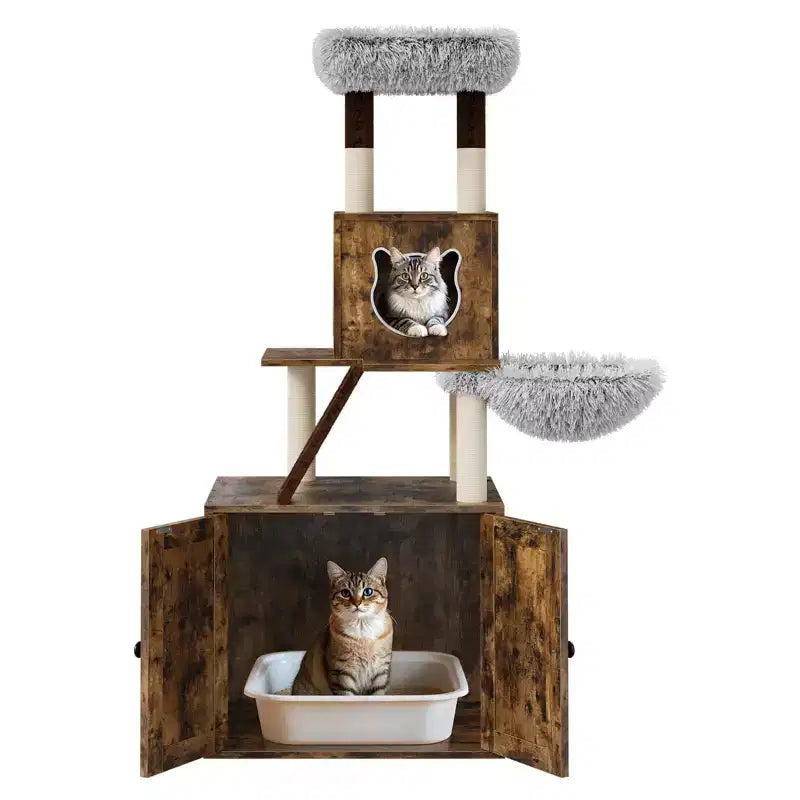 Cat Tree with Litter Box Enclosure, 2-in-1 Multi-Level Cat Furniture with Hammock & Scratching Posts