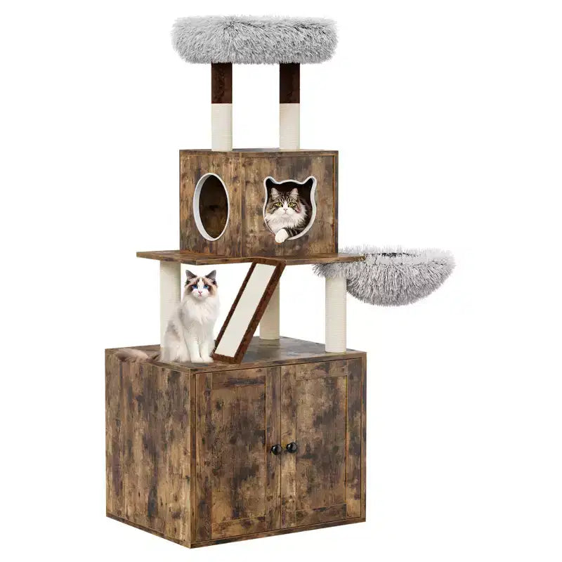 Cat Tree with Litter Box Enclosure, 2-in-1 Multi-Level Cat Furniture with Hammock & Scratching Posts