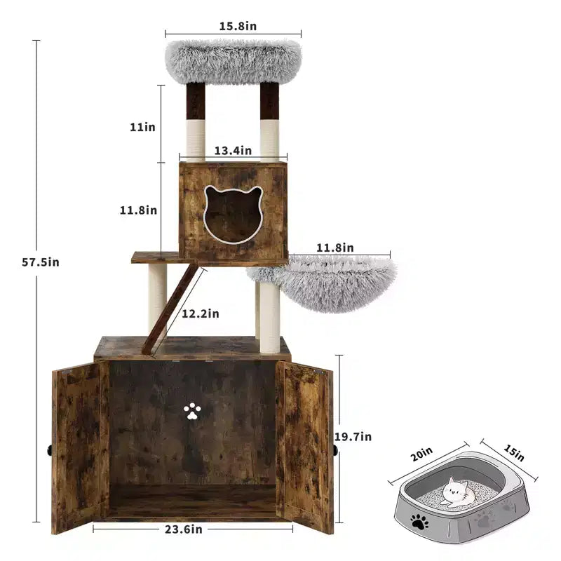 Cat Tree with Litter Box Enclosure, 2-in-1 Multi-Level Cat Furniture with Hammock & Scratching Posts