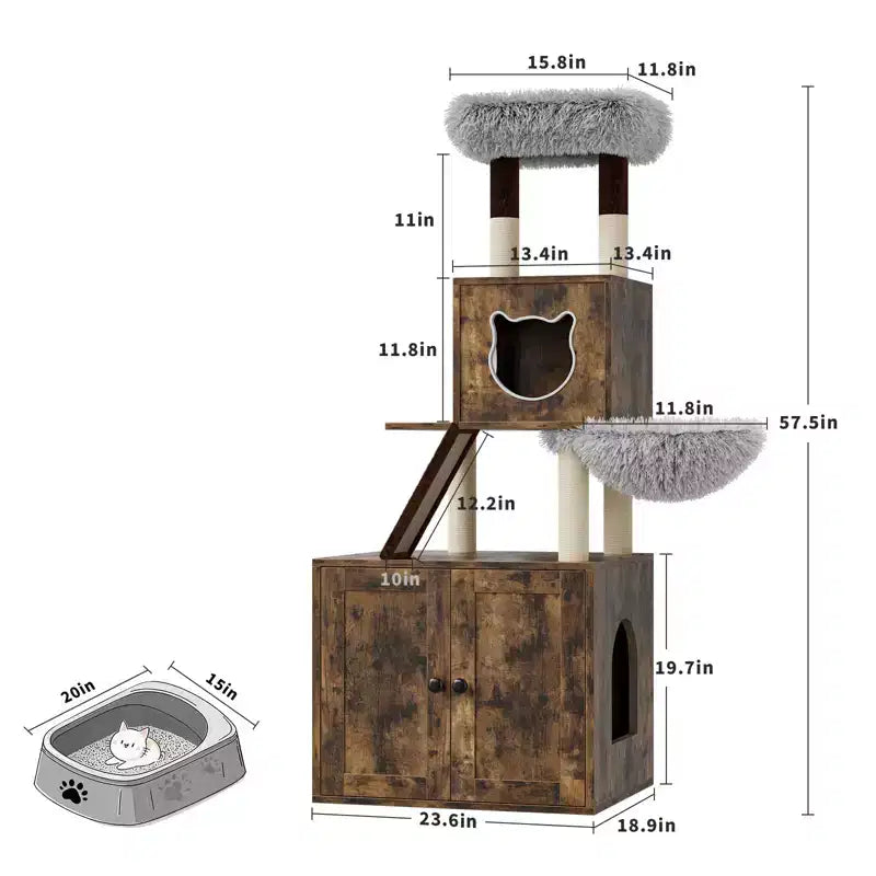 Cat Tree with Litter Box Enclosure, 2-in-1 Multi-Level Cat Furniture with Hammock & Scratching Posts