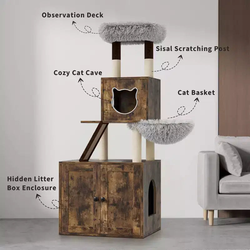 Cat Tree with Litter Box Enclosure, 2-in-1 Multi-Level Cat Furniture with Hammock & Scratching Posts