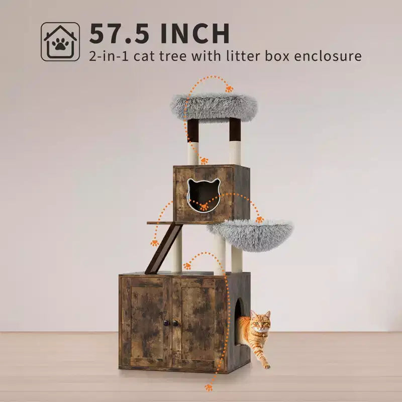 Cat Tree with Litter Box Enclosure, 2-in-1 Multi-Level Cat Furniture with Hammock & Scratching Posts