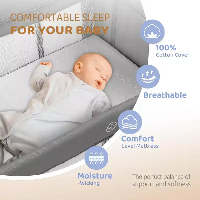 Baby Bedside Bassinet, Baby Bassinet, Pack n Play Convert Playpen, Quick Foldable Travel Bed with Wheels & Brake