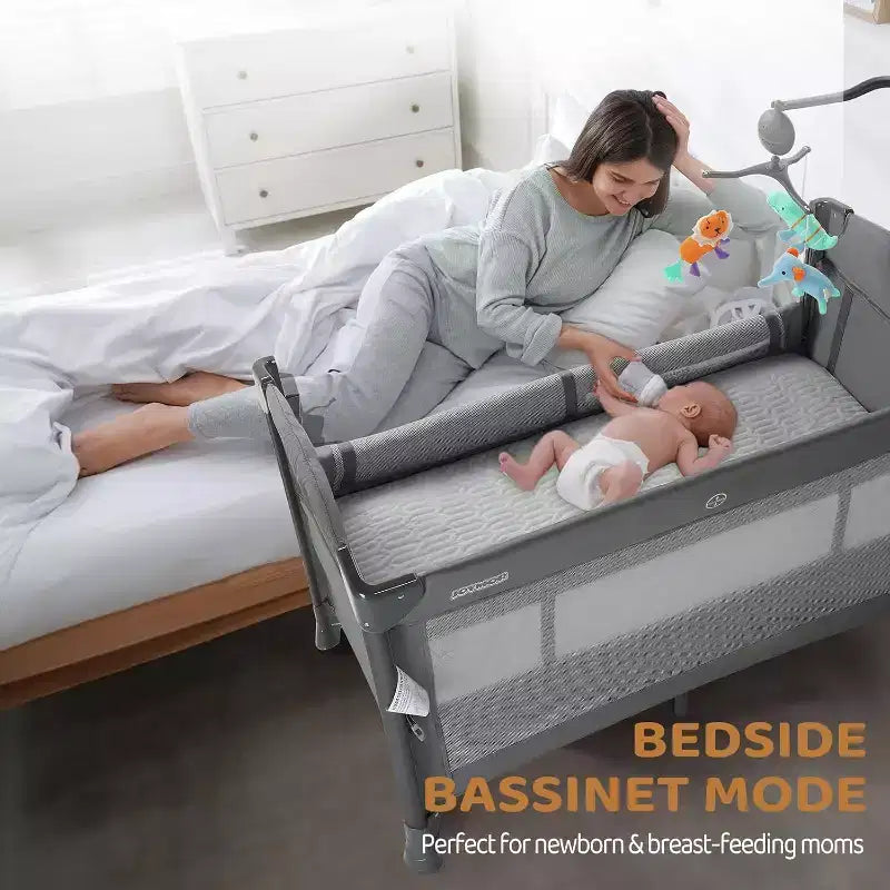 Baby Bedside Bassinet, Baby Bassinet, Pack n Play Convert Playpen, Quick Foldable Travel Bed with Wheels & Brake