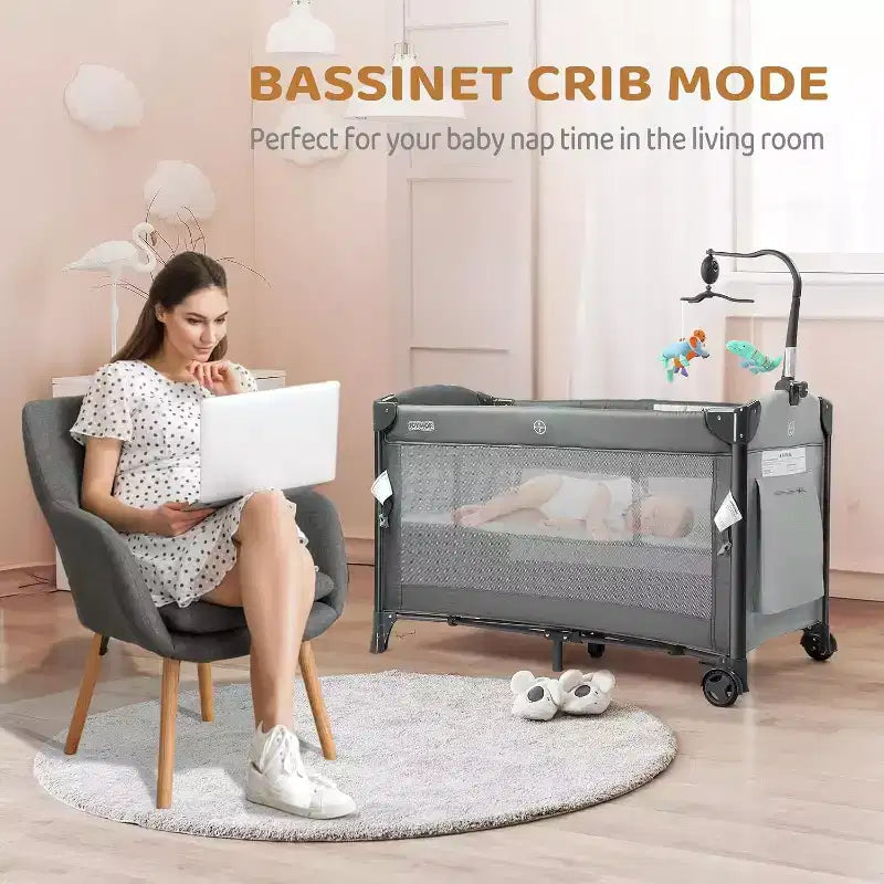Baby Bedside Bassinet, Baby Bassinet, Pack n Play Convert Playpen, Quick Foldable Travel Bed with Wheels & Brake