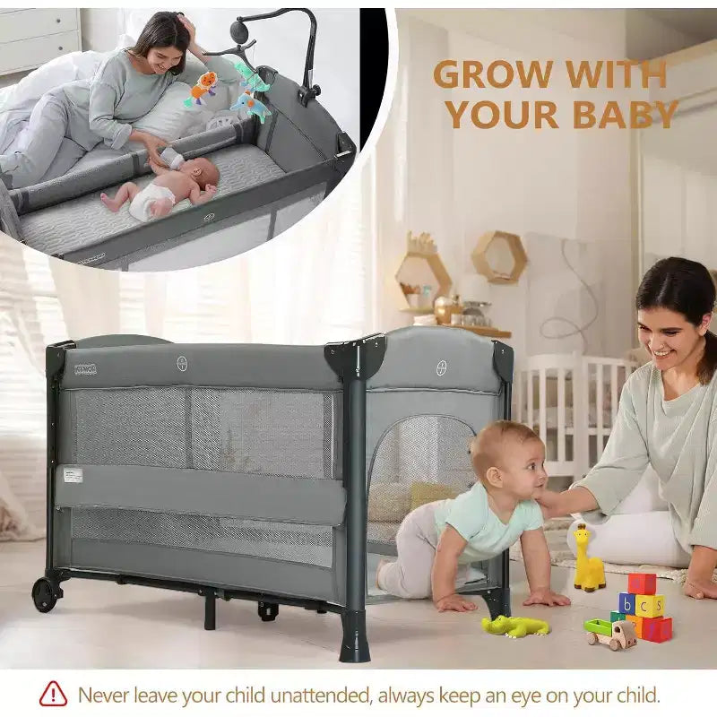 Baby Bedside Bassinet, Baby Bassinet, Pack n Play Convert Playpen, Quick Foldable Travel Bed with Wheels & Brake
