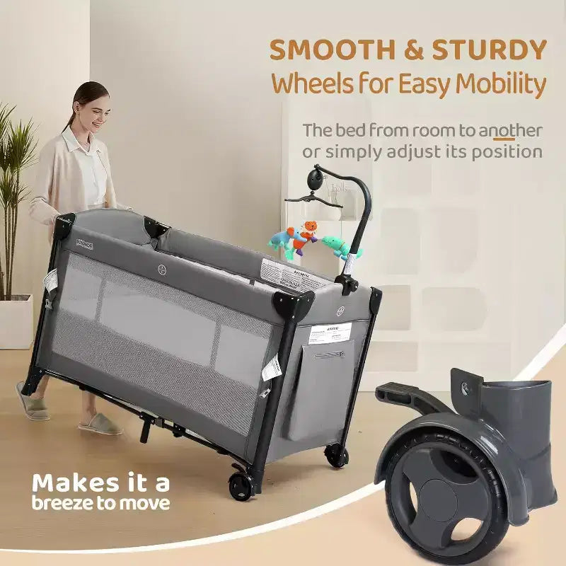 Baby Bedside Bassinet, Baby Bassinet, Pack n Play Convert Playpen, Quick Foldable Travel Bed with Wheels & Brake