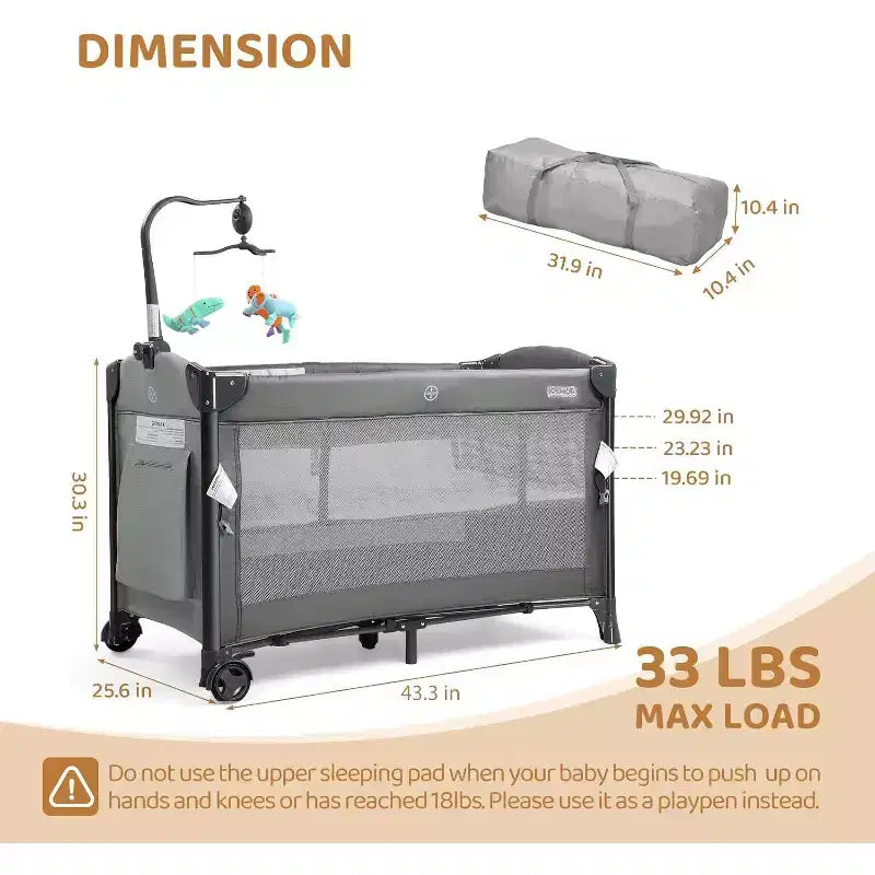 Baby Bedside Bassinet, Baby Bassinet, Pack n Play Convert Playpen, Quick Foldable Travel Bed with Wheels & Brake