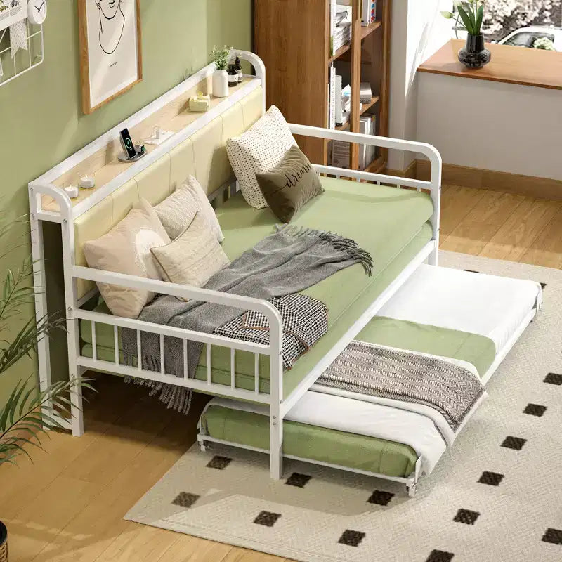 Daybed with Trundle Bed, Bed Frame with Storage Headboard and Charging Station, Sofa Day Bed with Strong Support for Living Room or Bedroom