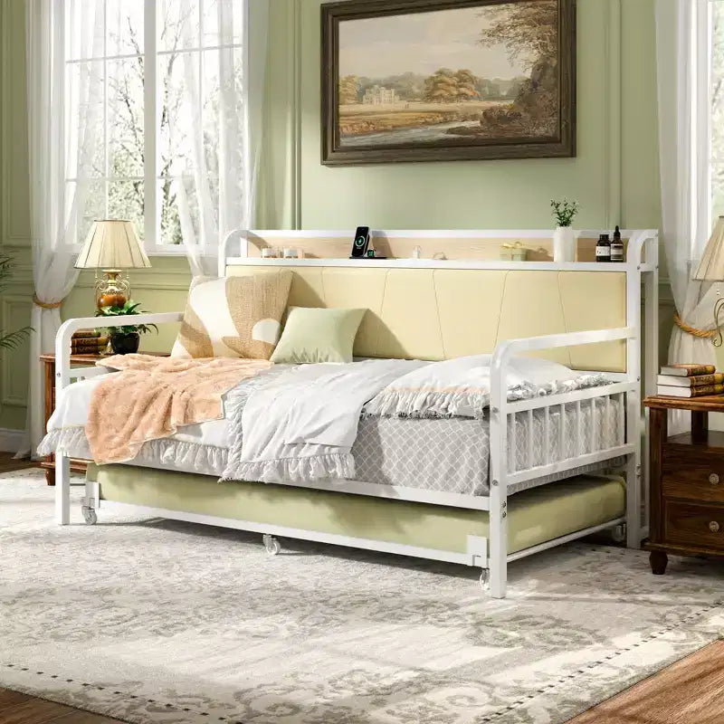 Daybed with Trundle Bed, Bed Frame with Storage Headboard and Charging Station, Sofa Day Bed with Strong Support for Living Room or Bedroom
