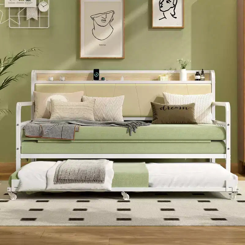 Daybed with Trundle Bed, Bed Frame with Storage Headboard and Charging Station, Sofa Day Bed with Strong Support for Living Room or Bedroom