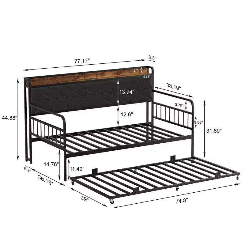 Daybed with Trundle Bed, Bed Frame with Storage Headboard and Charging Station, Sofa Day Bed with Strong Support for Living Room or Bedroom