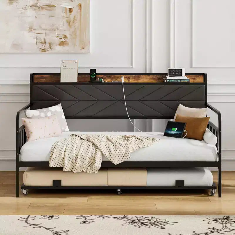 Daybed with Trundle Bed, Bed Frame with Storage Headboard and Charging Station, Sofa Day Bed with Strong Support for Living Room or Bedroom