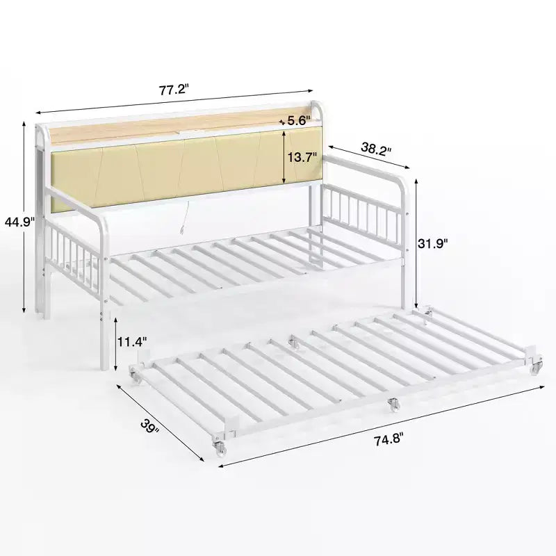 Daybed with Trundle Bed, Bed Frame with Storage Headboard and Charging Station, Sofa Day Bed with Strong Support for Living Room or Bedroom