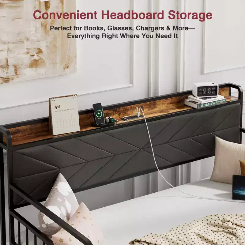 Daybed with Trundle Bed, Bed Frame with Storage Headboard and Charging Station, Sofa Day Bed with Strong Support for Living Room or Bedroom