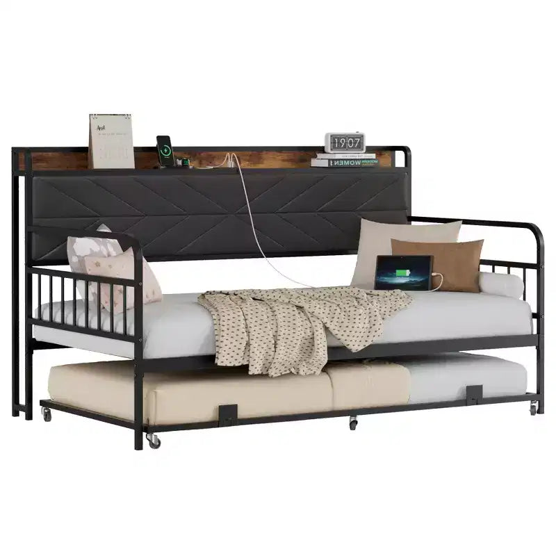 Daybed with Trundle Bed, Bed Frame with Storage Headboard and Charging Station, Sofa Day Bed with Strong Support for Living Room or Bedroom