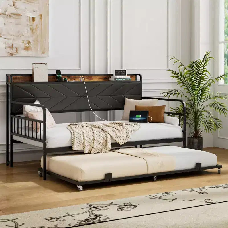 Daybed with Trundle Bed, Bed Frame with Storage Headboard and Charging Station, Sofa Day Bed with Strong Support for Living Room or Bedroom