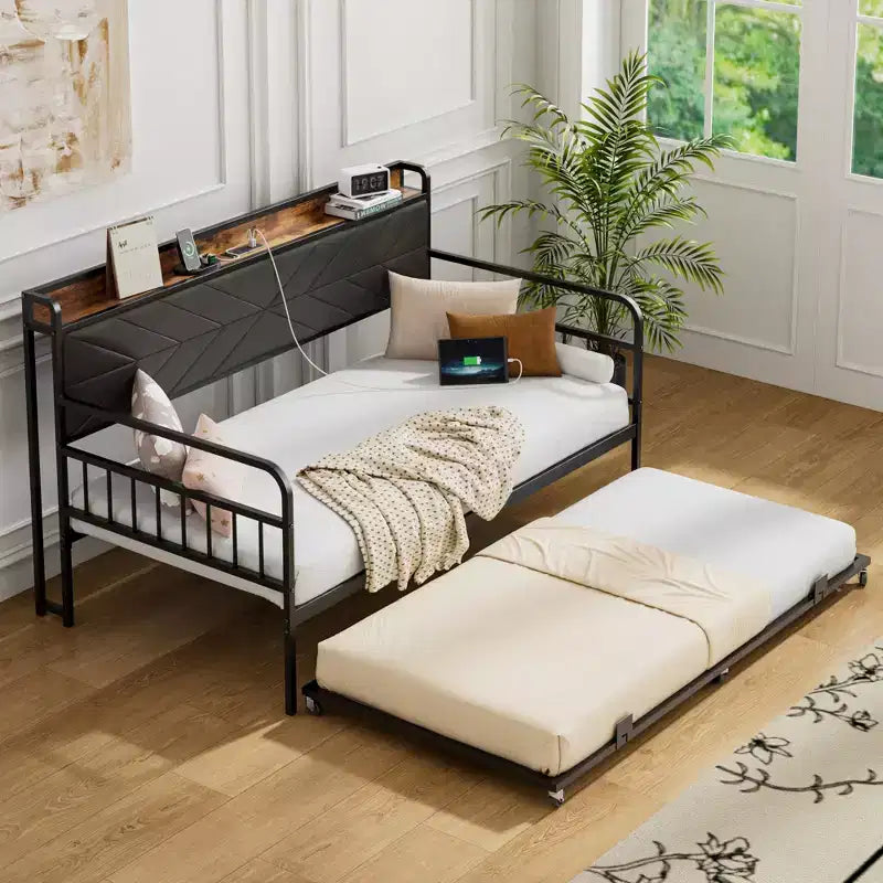 Daybed with Trundle Bed, Bed Frame with Storage Headboard and Charging Station, Sofa Day Bed with Strong Support for Living Room or Bedroom