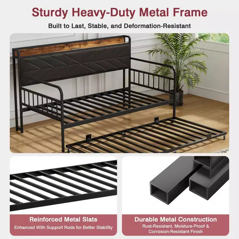 Daybed with Trundle Bed, Bed Frame with Storage Headboard and Charging Station, Sofa Day Bed with Strong Support for Living Room or Bedroom