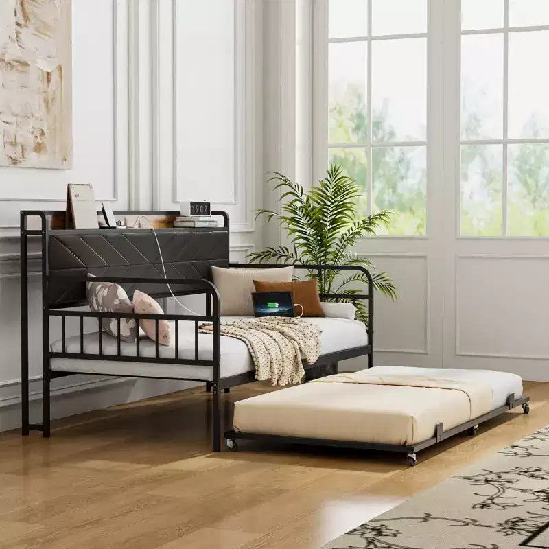 Daybed with Trundle Bed, Bed Frame with Storage Headboard and Charging Station, Sofa Day Bed with Strong Support for Living Room or Bedroom