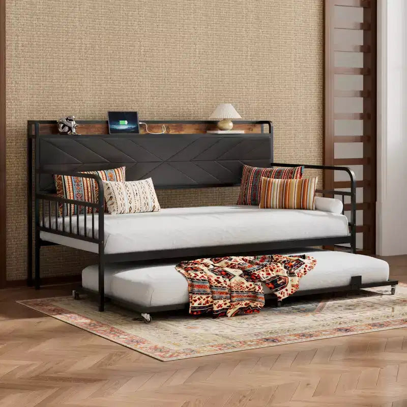 Daybed with Trundle Bed, Bed Frame with Storage Headboard and Charging Station, Sofa Day Bed with Strong Support for Living Room or Bedroom