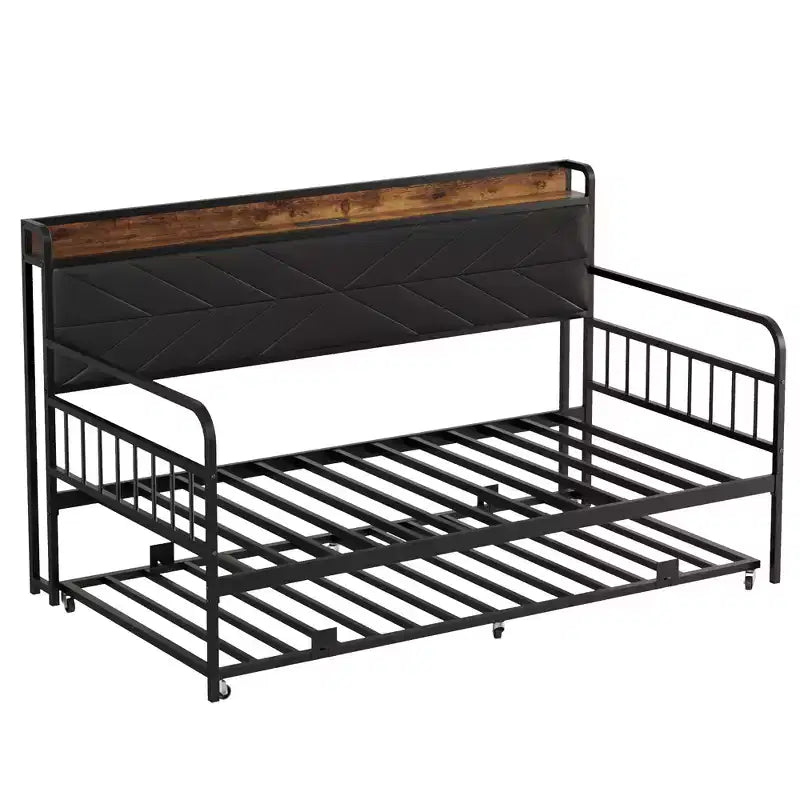 Daybed with Trundle Bed, Bed Frame with Storage Headboard and Charging Station, Sofa Day Bed with Strong Support for Living Room or Bedroom