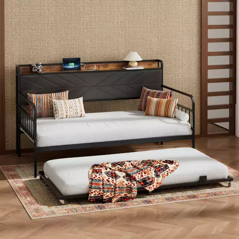 Daybed with Trundle Bed, Bed Frame with Storage Headboard and Charging Station, Sofa Day Bed with Strong Support for Living Room or Bedroom