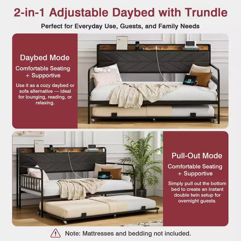 Daybed with Trundle Bed, Bed Frame with Storage Headboard and Charging Station, Sofa Day Bed with Strong Support for Living Room or Bedroom
