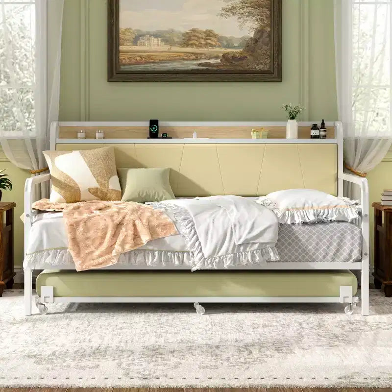 Daybed with Trundle Bed, Bed Frame with Storage Headboard and Charging Station, Sofa Day Bed with Strong Support for Living Room or Bedroom