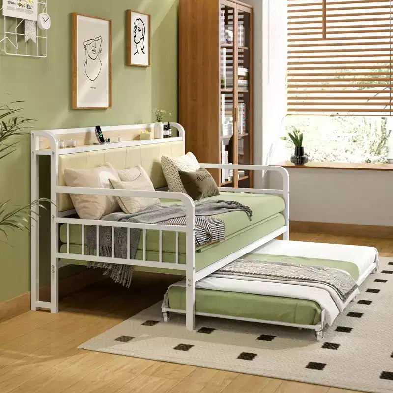 Daybed with Trundle Bed, Bed Frame with Storage Headboard and Charging Station, Sofa Day Bed with Strong Support for Living Room or Bedroom