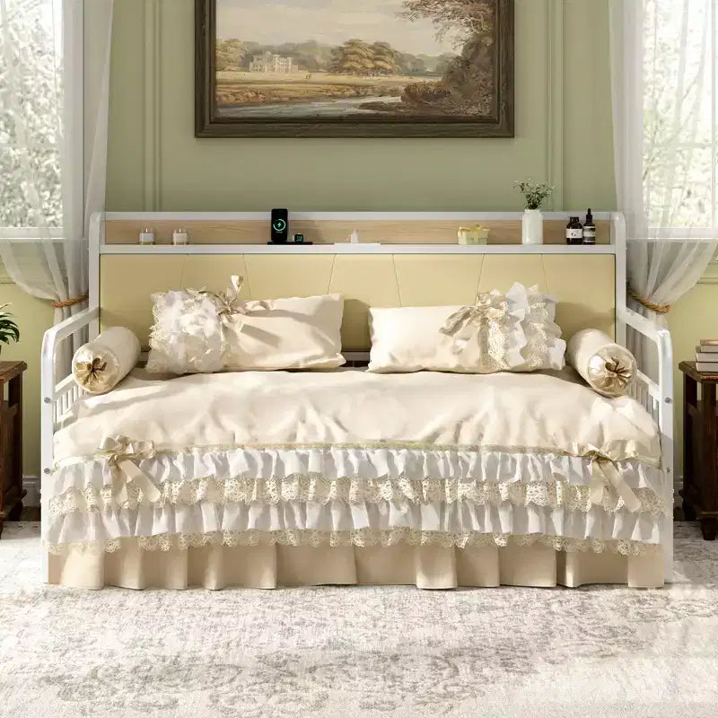 Daybed with Trundle Bed, Bed Frame with Storage Headboard and Charging Station, Sofa Day Bed with Strong Support for Living Room or Bedroom