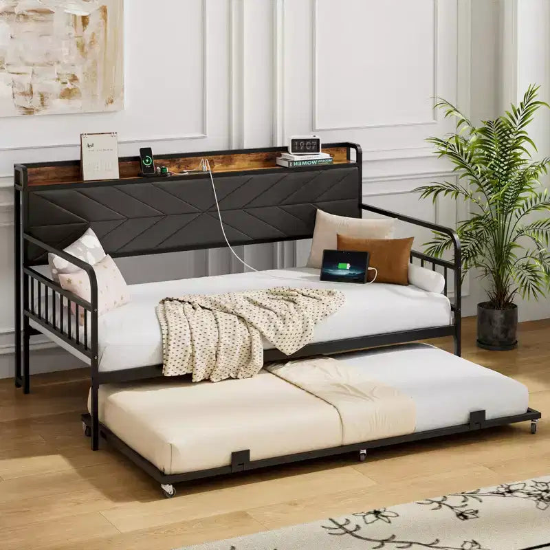 Daybed with Trundle Bed, Bed Frame with Storage Headboard and Charging Station, Sofa Day Bed with Strong Support for Living Room or Bedroom