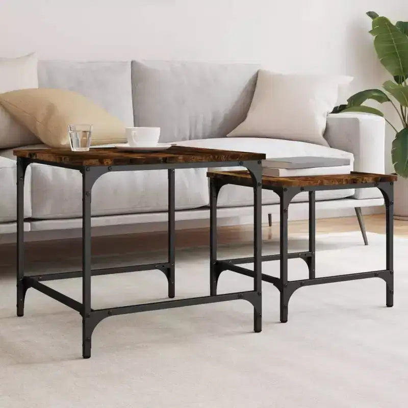Smoked Oak Engineered Wood Nesting Coffee Tables - Industrial Style, Space-Saving Design for Living Room, Bedroom or Office