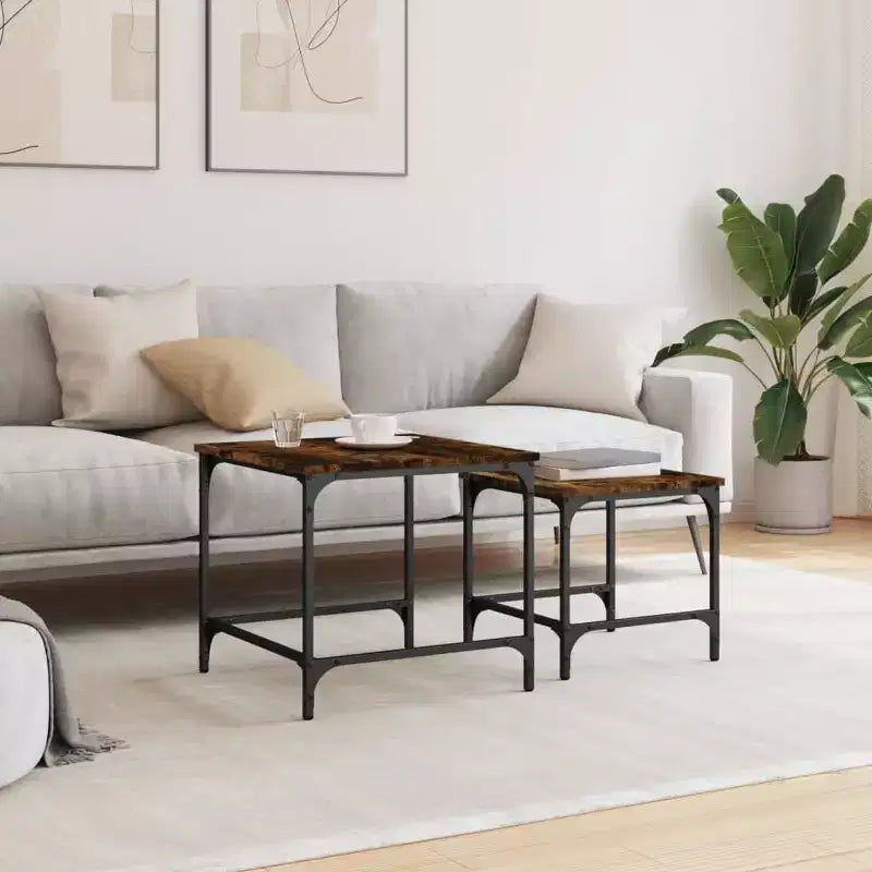 Smoked Oak Engineered Wood Nesting Coffee Tables - Industrial Style, Space-Saving Design for Living Room, Bedroom or Office