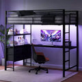 VINGLI Full Metal Loft Bed with 15 Inches Guardrail/desk/Non-Slip Ladder/2 Charging Stations/Storage Shelve,4 Drawers,LED,No Box Spring Needed, Black