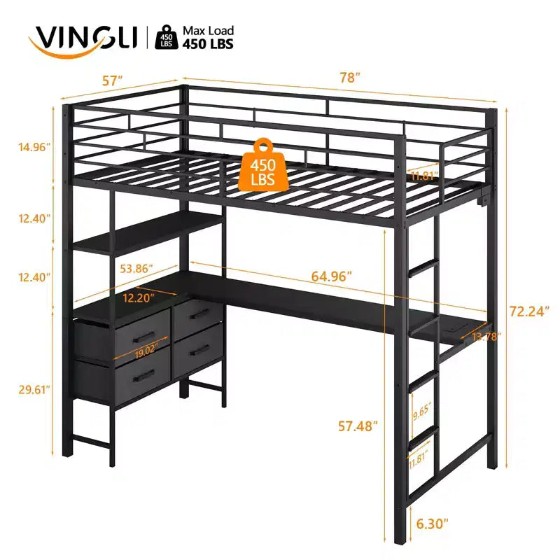 Full Metal Loft Bed with 15 Inches Guardrail/Desk/Non-Slip Ladder/2 Charging Stations/Storage Shelve, 4 Drawers, LED, No Box Spring Needed, Black