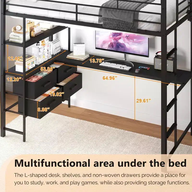 Full Metal Loft Bed with 15 Inches Guardrail/Desk/Non-Slip Ladder/2 Charging Stations/Storage Shelve, 4 Drawers, LED, No Box Spring Needed, Black