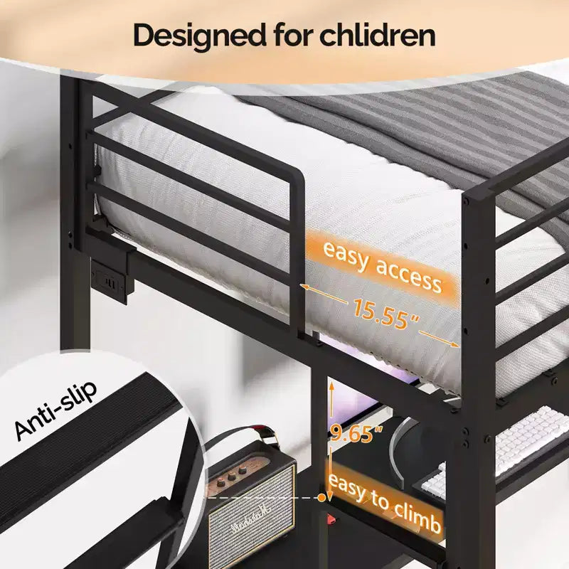 Full Metal Loft Bed with 15 Inches Guardrail/Desk/Non-Slip Ladder/2 Charging Stations/Storage Shelve, 4 Drawers, LED, No Box Spring Needed, Black