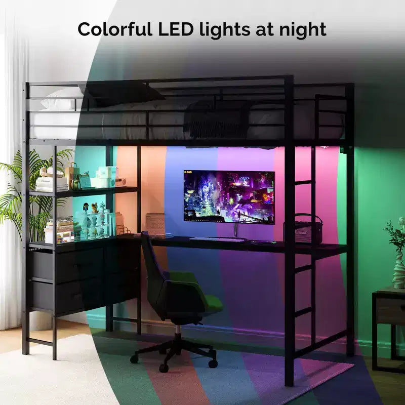 Full Metal Loft Bed with 15 Inches Guardrail/Desk/Non-Slip Ladder/2 Charging Stations/Storage Shelve, 4 Drawers, LED, No Box Spring Needed, Black