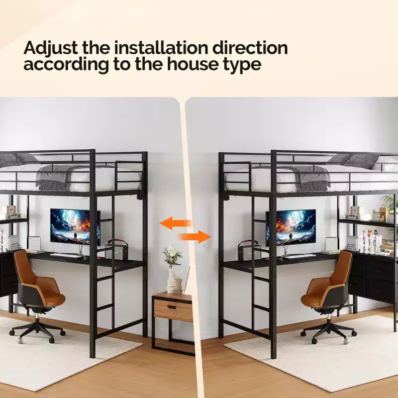 Full Metal Loft Bed with 15 Inches Guardrail/Desk/Non-Slip Ladder/2 Charging Stations/Storage Shelve, 4 Drawers, LED, No Box Spring Needed, Black