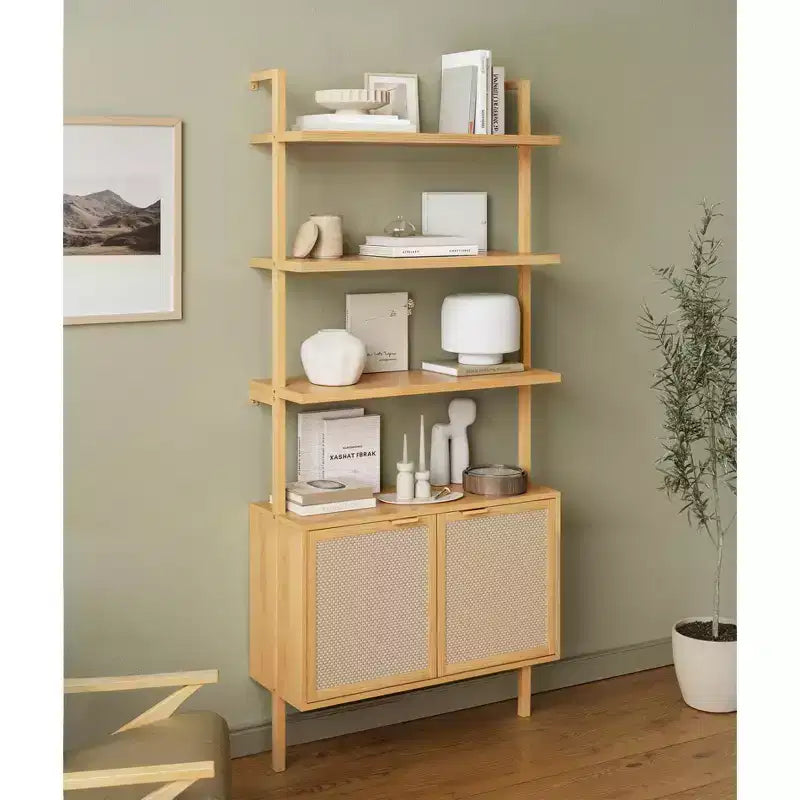 Rattan Ladder Bookshelf, 31.5 Wide 6-Tier Bookcase with Cabinet Doors, Wooden Storage Shelf for Living Room or Office