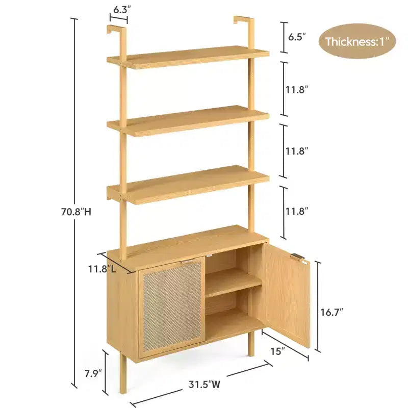 Rattan Ladder Bookshelf, 31.5 Wide 6-Tier Bookcase with Cabinet Doors, Wooden Storage Shelf for Living Room or Office