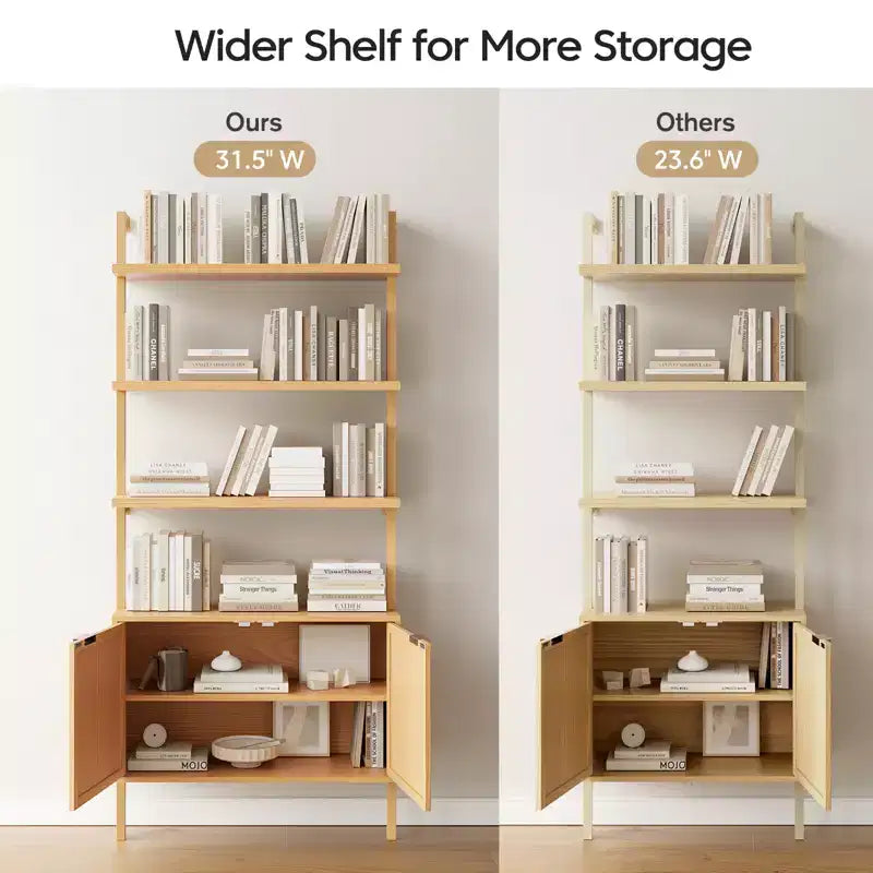 Rattan Ladder Bookshelf, 31.5 Wide 6-Tier Bookcase with Cabinet Doors, Wooden Storage Shelf for Living Room or Office