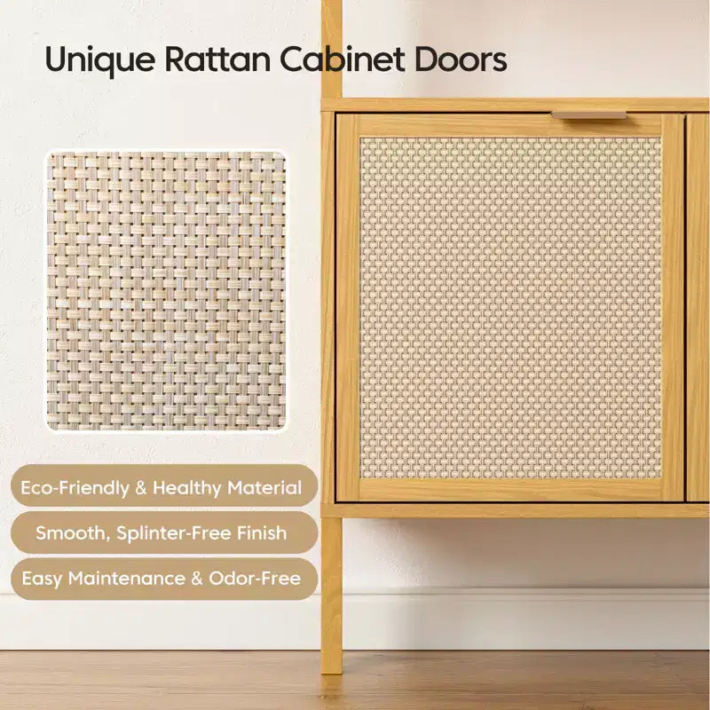 Rattan Ladder Bookshelf, 31.5 Wide 6-Tier Bookcase with Cabinet Doors, Wooden Storage Shelf for Living Room or Office