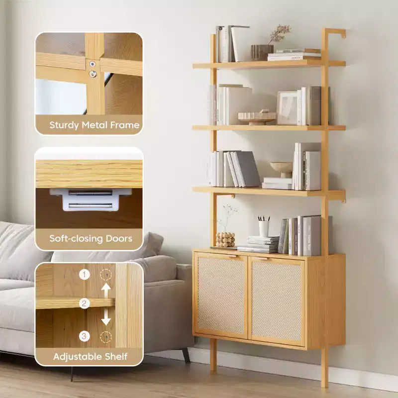 Rattan Ladder Bookshelf, 31.5 Wide 6-Tier Bookcase with Cabinet Doors, Wooden Storage Shelf for Living Room or Office