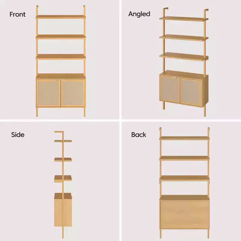 Rattan Ladder Bookshelf, 31.5 Wide 6-Tier Bookcase with Cabinet Doors, Wooden Storage Shelf for Living Room or Office