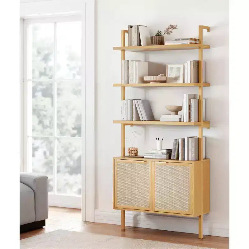 Rattan Ladder Bookshelf, 31.5 Wide 6-Tier Bookcase with Cabinet Doors, Wooden Storage Shelf for Living Room or Office