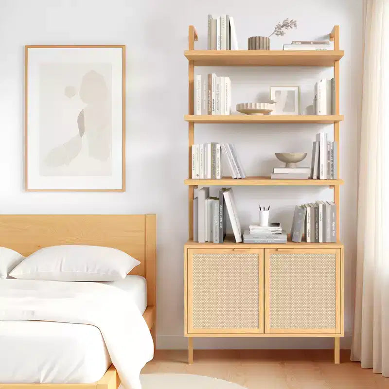 Rattan Ladder Bookshelf, 31.5 Wide 6-Tier Bookcase with Cabinet Doors, Wooden Storage Shelf for Living Room or Office