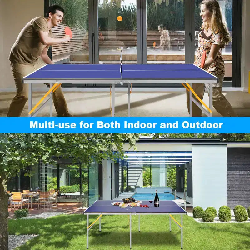 Professional Outdoor Table Tennis Table, 6x3FT Portable Ping Pong Table with Net, Paddles & Balls